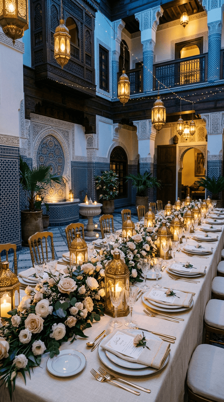 Décoration de table de mariage en rose poudré et or à Fès, Mays Events