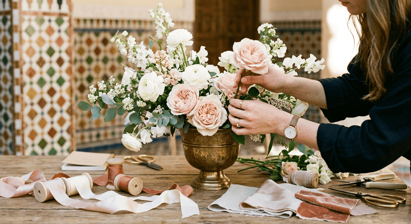 Préparation d’une composition florale dans l’atelier Mays Events à Fès