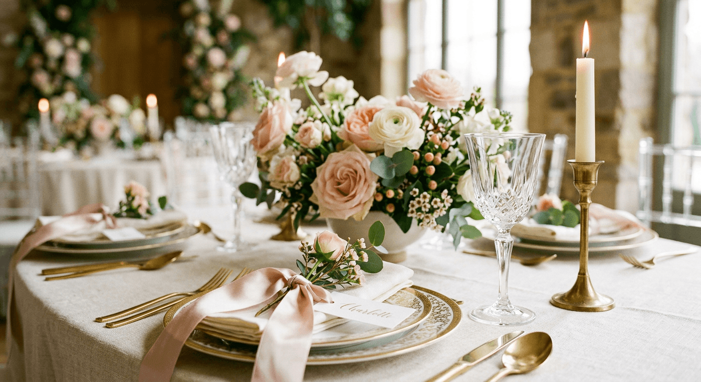 Détail d’une table dressée avec assiette à liseré doré et roses poudrées