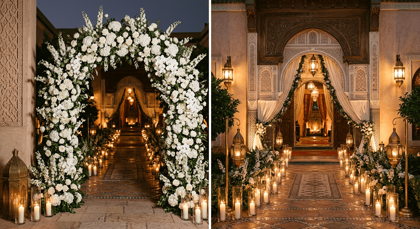 Allée de bougies menant à une arche florale blanche